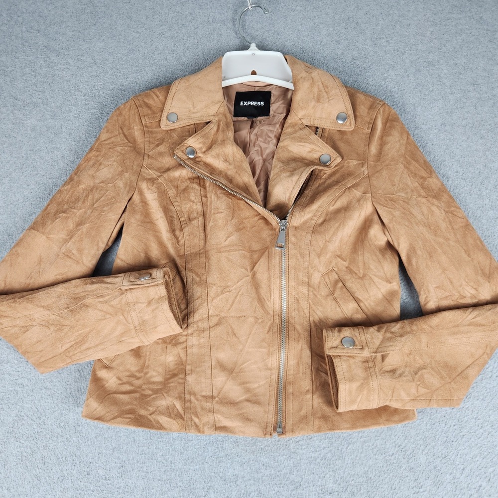 Express Moto Jacket Womens XS Tan Faux Suede Lined Asymmetrical Zip Outerwear
